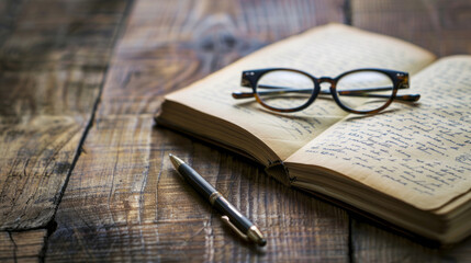 Classic notebook with glasses and pen on a wooden table