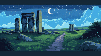 Fototapeta premium Moonlit Stonehenge landscape in a stylized video game art