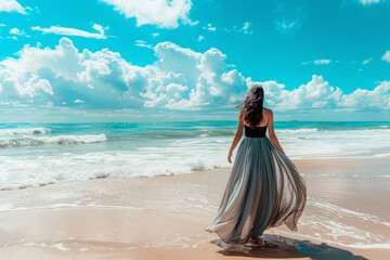 Elegant woman walks on beach in flowing long skirt - obrazy, fototapety, plakaty