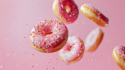 decorated doughnuts in motion falling on pink background.