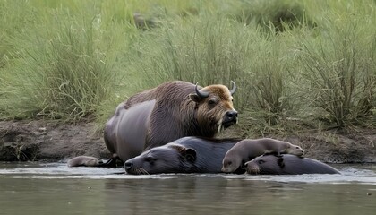a-buffalo-with-a-family-of-river-otters- 2
