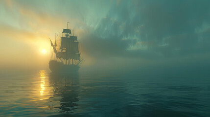 Mystical ghost ship emerging in serene ocean at sunrise