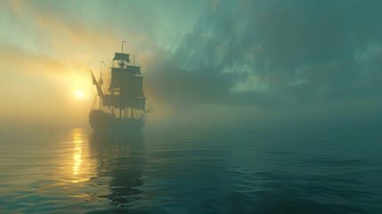 Fototapeta premium Mystical ghost ship emerging in serene ocean at sunrise