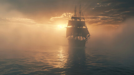 Mystical sailing ship emerging from fog at sunrise