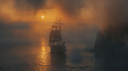 Mystical Flying Dutchman ghost ship sailing at sunset