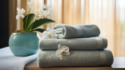  Stacked gray towels with white orchid flowers on a wooden surface 