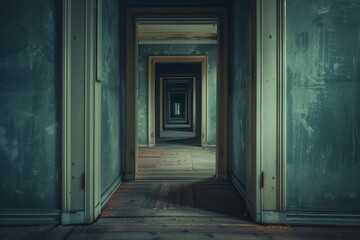 A matrix of endless doors, each opening to a different, yet eerily similar hallway, playing on themes of choice and fate