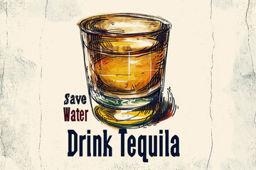 Save Water Drink Tequila, colorful illustrated poster - obrazy, fototapety, plakaty