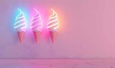 soice cream neon signs simple design pastel colors hanging on a simple pink, Generative AI 