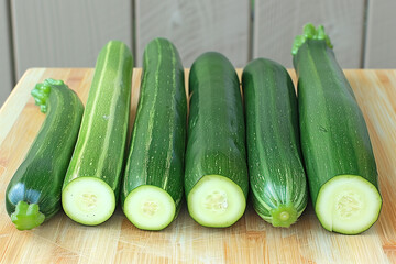 A row of green cucumbers are sliced open on a wooden cutting board