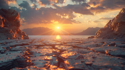 A rocky beach with a large body of water in the background