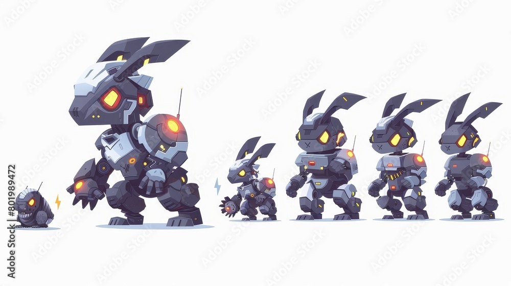 Poster animated evolution levels of rabbit robots in a futuristic style. modern illustrations depicting the