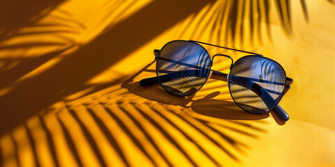 A pair of sunglasses is sitting on a yellow surface, with a leafy background