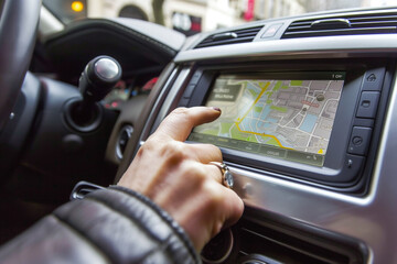 A person is pointing at a map on a car's dashboard