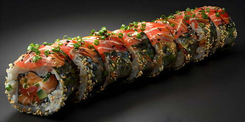 Sushi rolls with chukka wakame seaweed, Philadelphia cheese, and shrimps on a black ceramic plate.