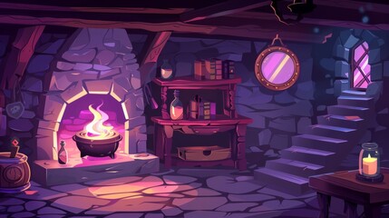 Modern cartoon illustration of witch basement with wooden furniture, spell books on shelf, potion bottles on shelf, magic mirror on stone wall, stairs and cauldron in stove.