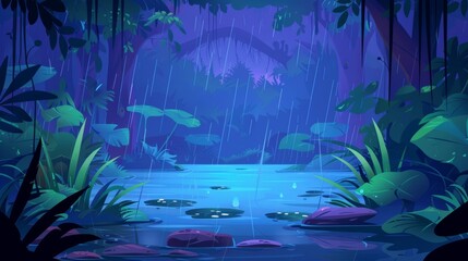 The jungle forest swamp is covered in rain on a modern background, surrounded by deep spooky woodlands with marsh plants in water and a pond.