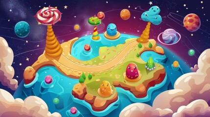 Candy space level map galaxy modern background. Children's magical sweet food world design. 2D childish road progress in the cosmos in app interface. Cute colorful yummy solar adventure.