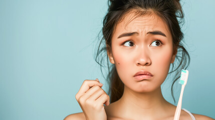 Woman holding a toothbrush against a teal background, showcasing oral hygiene and dental care.