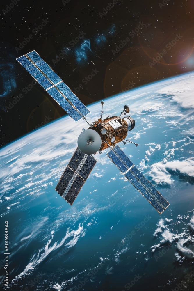 Poster futuristic telecom satellite providing global internet and gps with advanced holographic data