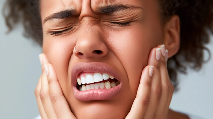 Obraz premium A woman is holding her cheeks with her hands with a grimace on her face showing that she is in pain or severe discomfort.