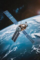 Futuristic telecom satellite providing global internet and gps with advanced holographic data
