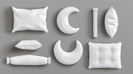 Decorative and sleeping pillow mockups set of white cushions in different shapes - rectangular, round, and moon. Fluffy soft home and bed accessories for relaxation.