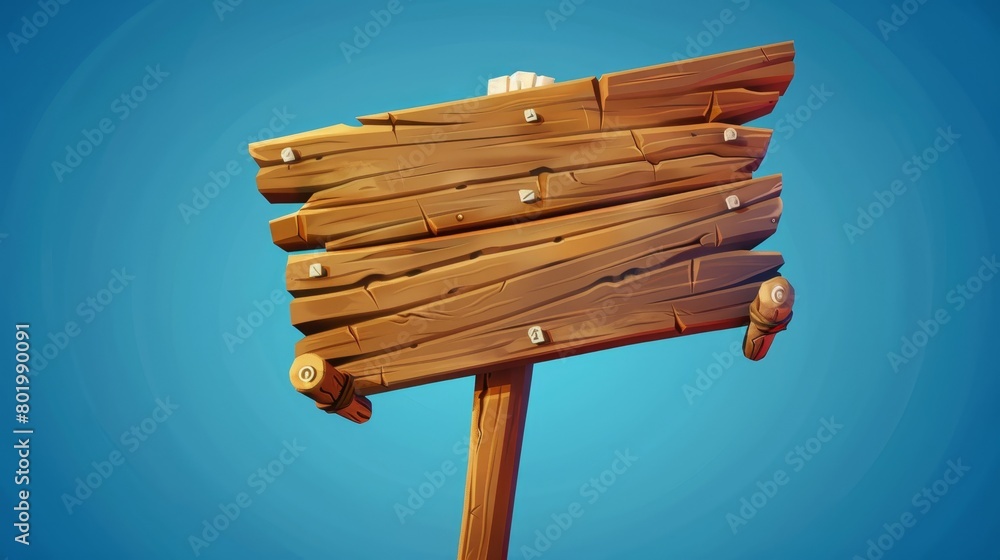 Poster icons for game information or notice on wooden signboard pointer with white pole. timber texture on 