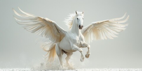 A powerful white stallion with wings, galloping freely through winter's snow-covered landscape.