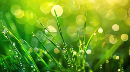 Sunlit Dewdrops Adorning Green Grass in Early Morning.