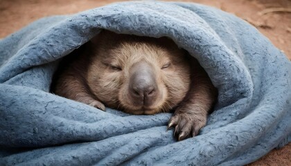 A Sleepy Wombat Snuggled Up In A Blanket