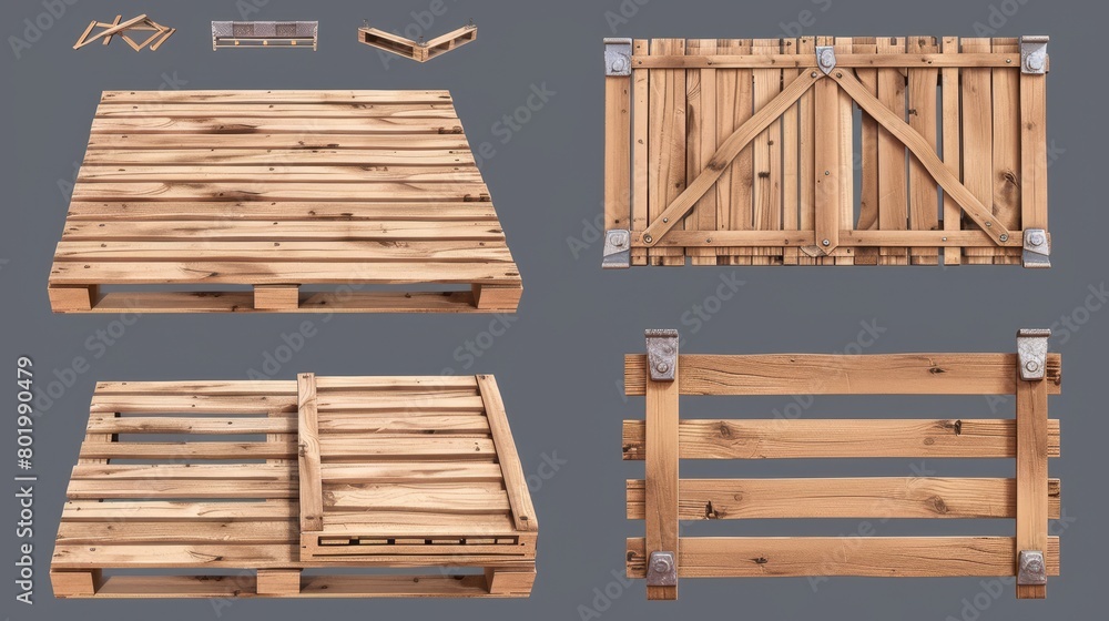 Poster An isolated 3D wooden pallet for crate package. An isolated wooden loading tray platform for warehouse storage or delivery. A wooden delivery board with realistic timber texture render and different