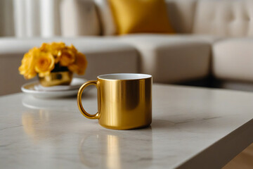 A golden coffee mug on a table. - Powered by Adobe