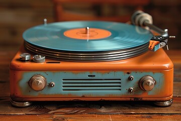 A retro record player spins vinyl, immersing listeners in nostalgic melodies and vintage charm.