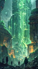 Obraz premium Futuristic Cityscape with Thieves Targeting Valuable Gemstone Necklace