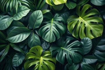 Fototapeta premium A vibrant rainforest scene with lush greenery and exotic foliage, forming a stunning botanical backdrop.