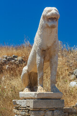 Close up of one of the Naxian Lions Terrace in the archaeological site of the "sacred" island of Delos. Cyclades, Greece