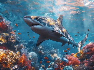 Graceful Shark Gliding Through the Vibrant Coral Reef Underwater Landscape