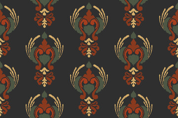 Embroidered Ikat flower pattern on a black background. Traditional ethnic ikat, Aztec abstract vector pattern, seamless pattern in tribal, folk embroidery and Mexican style.