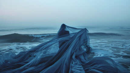 A woman is standing on the beach with a blue cloth draped over her