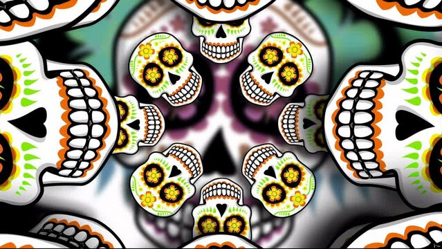Seamless cartoon background with Mexican sugar skulls. Halloween vector style animation with catrina illustration 