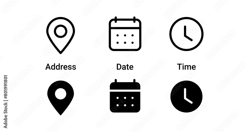 Fototapete address location icon. stopwatch timer icon. date calendar icon - web icons set