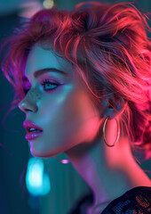 A woman with pink hair and gold hoop earrings