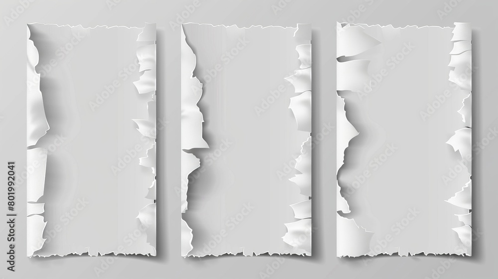 Poster torn white paper sheet edge note modern texture. notebook border label isolated shape set. 3d ripped
