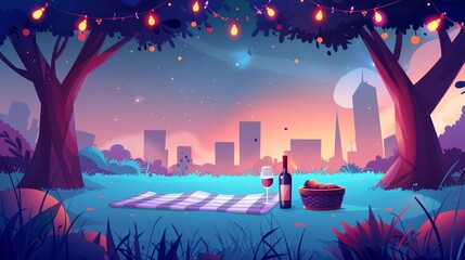 An illustration showing a picnic basket on the ground in a city park as well as food and wine for a romantic date as well as a cityscape at dusk under the trees decorated with lanterns and garland