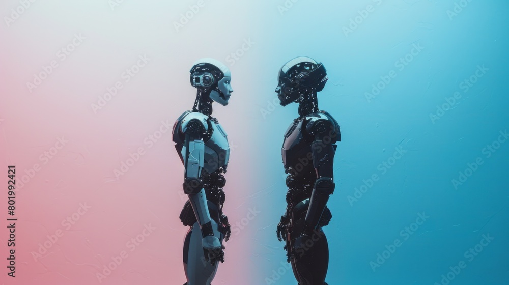Poster two robots are standing next to each other, one is white and the other is black