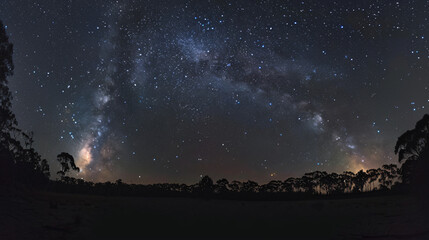 star filled night sky filled with milky way visible,, seen from a clearing in a forest