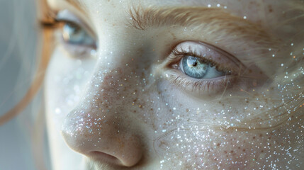 Fototapeta premium A woman with blue eyes and red hair is wearing a lot of glitter on her face