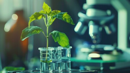 microscope and young plant in science test tube, biotechnology concept
