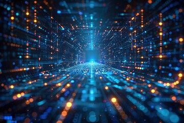 Naklejka premium A futuristic business concept visualization: a holographic display with intricate, glowing neon blue lines forming complex patterns on a dark, isolated background. 